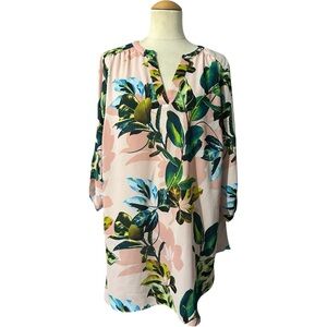 Worthington Longsleeve Botanical Print Blouse Floral Pink Green Size 1X